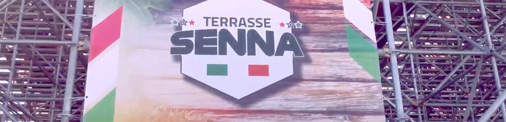 Bannière Terrasse Senna avec drapeaux colorés.